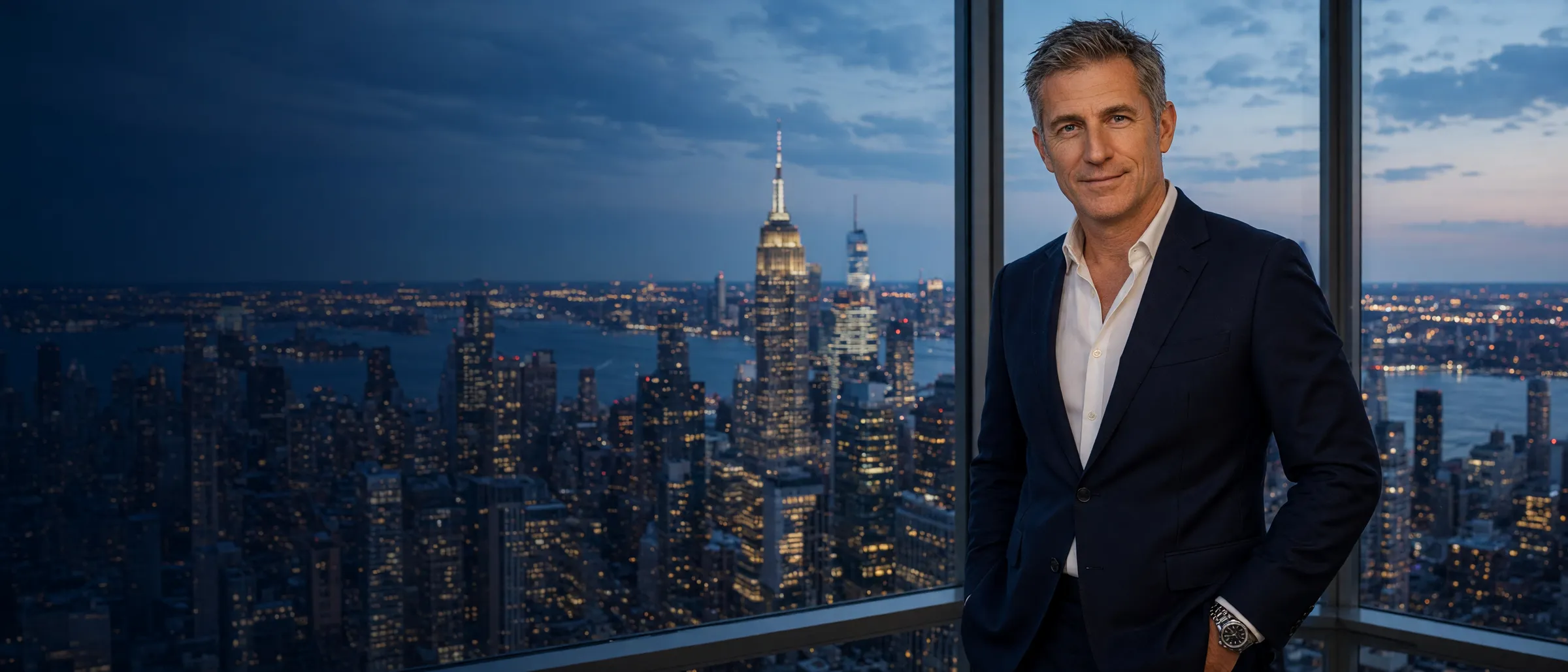 Ray Whitlock in a Manhattan office at blue hour, the skyline behind him